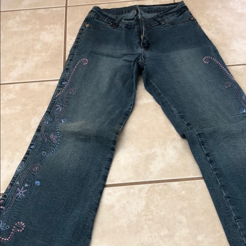 Pink and blue embroidered jeans